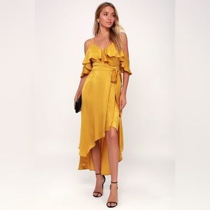 Lulu’s Layla Mustard Yellow Satin Off-the-Shoulder Wrap Dress
